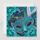 Invitation Turquoise Blue Peacock Masquerade Party (Devant)