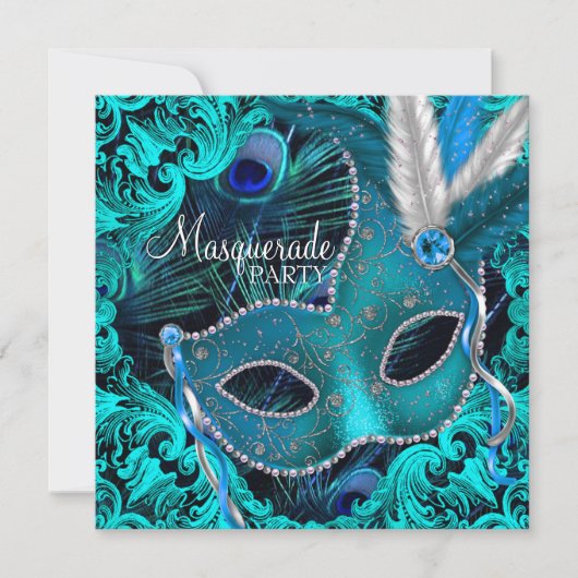 Invitation Turquoise Blue Peacock Masquerade Party (Devant)