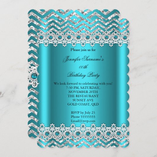 Invitation Turquoise Blue Pearl Chevron Soie fête d'anniversa (Devant / Derrière)