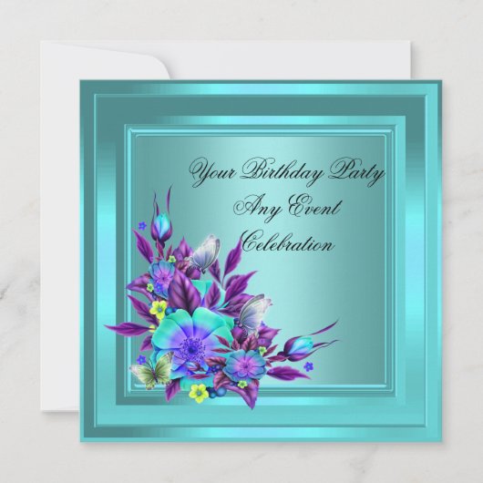 Invitation Turquoise Blue Purple Floral Élégant Parti (Devant)