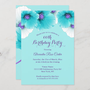 Invitation Turquoise Blue Purple Poppies floral Anniversaire