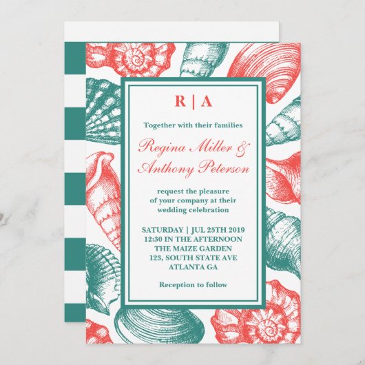Invitation Turquoise Blue Red Seashells Plage Mariage Invitat (Devant / Derrière)