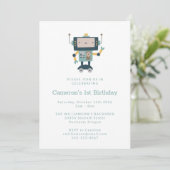 Invitation Turquoise Blue Robot Gears Simple 1er anniversaire (Debout devant)