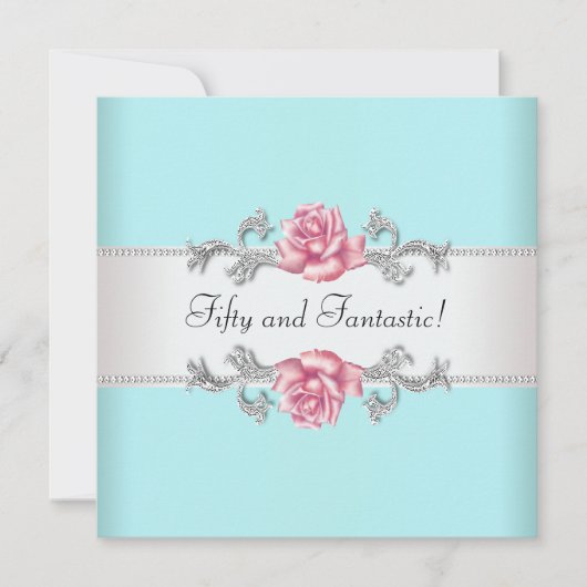Invitation Turquoise Blue Rose Roses femmes 50e fête d'annive (Devant)