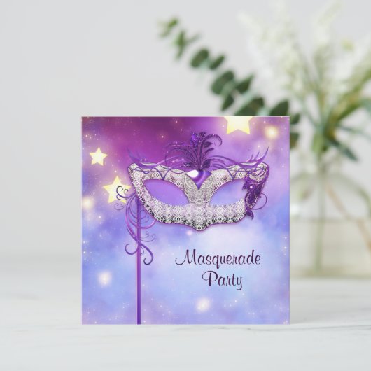 Invitation Turquoise Blue Rose violet mascarade (Debout devant)