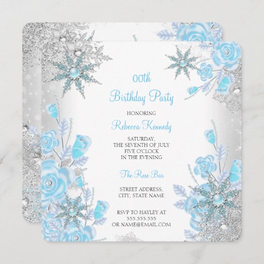Invitation Turquoise Blue Rose Winter Wonderland Snowflakes P (Devant / Derrière)