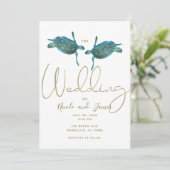 Invitation Turquoise Blue Sea Turtles Elégant Gold Beach Mari (Debout devant)