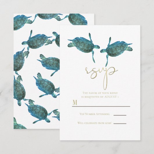 Invitation Turquoise Blue Sea Turtles Gold Beach Wedding RSVP (Devant / Derrière)
