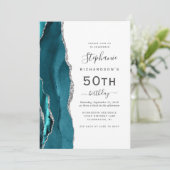 Invitation Turquoise Blue Silver Agate QR Code 50e anniversai (Debout devant)