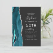 Invitation Turquoise Blue Silver Agate QR Code 50e anniversai (Debout devant)