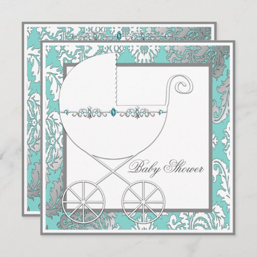 Invitation Turquoise Blue Silver Carriage Baby Shower Invitat (Devant / Derrière)