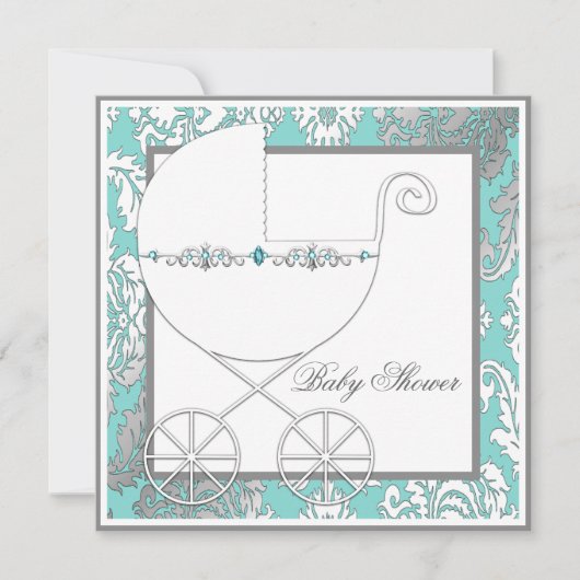 Invitation Turquoise Blue Silver Carriage Baby Shower Invitat (Devant)