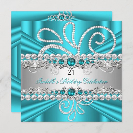 Invitation Turquoise Blue Silver Diamonds Pearl fête d'annive (Devant / Derrière)