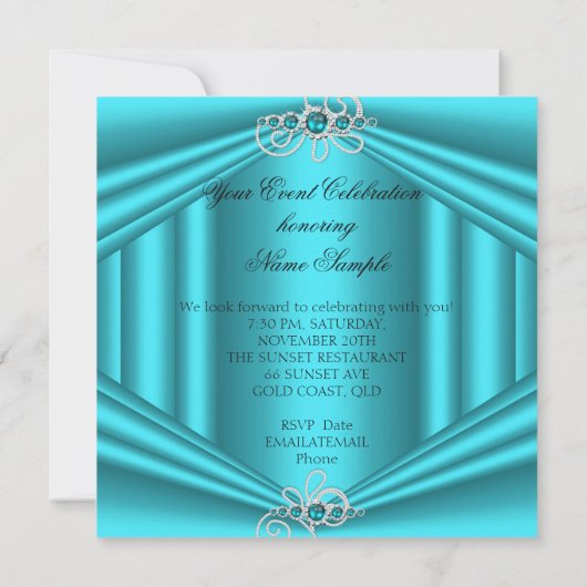 Invitation Turquoise Blue Silver Diamonds Pearl fête d'annive (Dos)