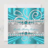 Invitation Turquoise Blue Silver Diamonds Pearl fête d'annive (Devant)