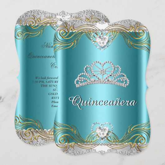 Invitation Turquoise Blue Silver Gold Quinceanera fête d'anni (Devant / Derrière)