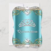 Invitation Turquoise Blue Silver Gold Quinceanera fête d'anni (Devant)