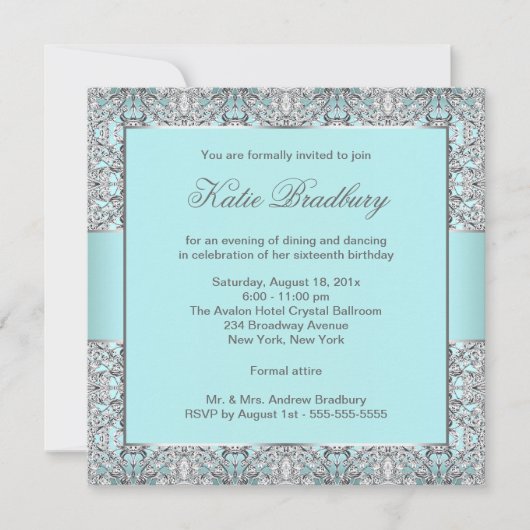 Invitation Turquoise Blue Silver Lace Classic Sweet sixteen P (Devant)