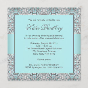 Invitation Turquoise Blue Silver Lace Classic Sweet sixteen P