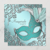 Invitation Turquoise Blue Silver Masquerade Party (Devant / Derrière)