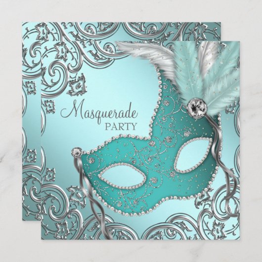 Invitation Turquoise Blue Silver Masquerade Party (Devant / Derrière)