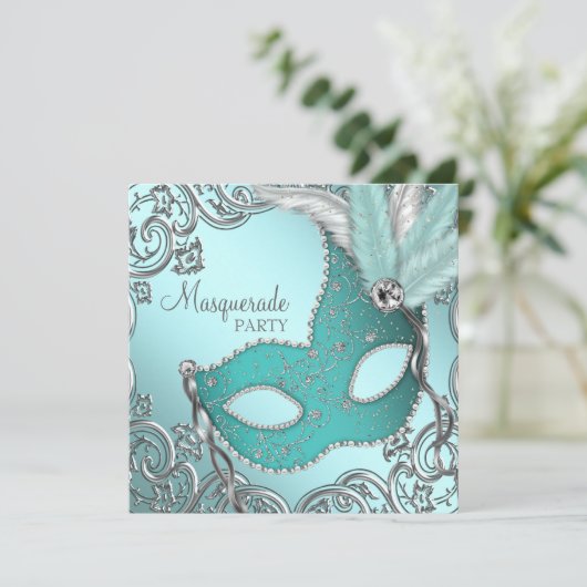 Invitation Turquoise Blue Silver Masquerade Party (Debout devant)