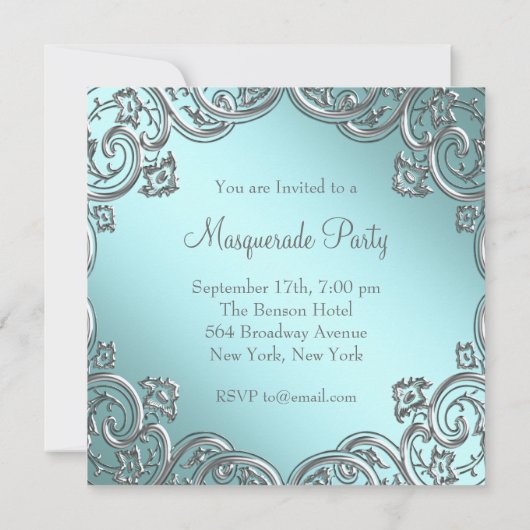 Invitation Turquoise Blue Silver Masquerade Party (Dos)