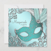 Invitation Turquoise Blue Silver Masquerade Party (Devant)