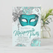 Invitation Turquoise Blue Silver Masquerade Party (Debout devant)