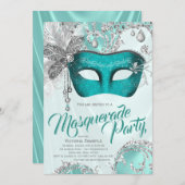 Invitation Turquoise Blue Silver Masquerade Party (Devant / Derrière)