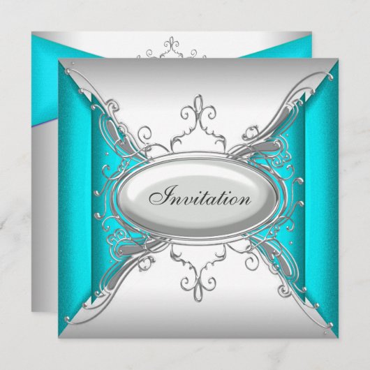 Invitation Turquoise Blue Silver Party (Devant / Derrière)