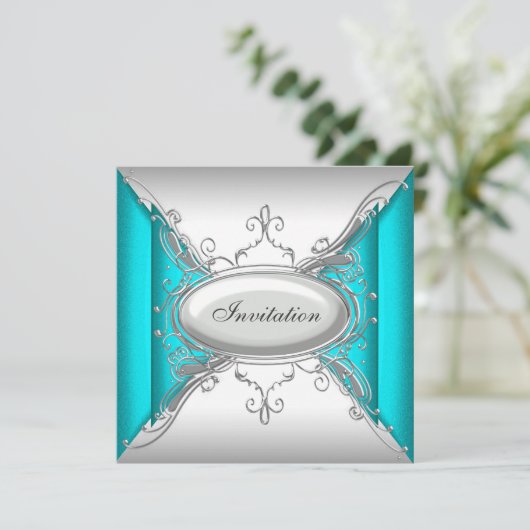 Invitation Turquoise Blue Silver Party (Debout devant)