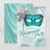 Invitation Turquoise Blue Silver Sweet 16 Masquerade Party (Devant / Derrière)