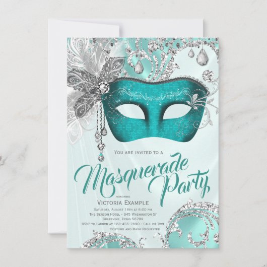 Invitation Turquoise Blue Silver Sweet 16 Masquerade Party (Devant)