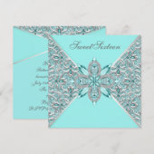 Invitation Turquoise Blue Silver Sweet sixteen fête d'anniver (Devant / Derrière)