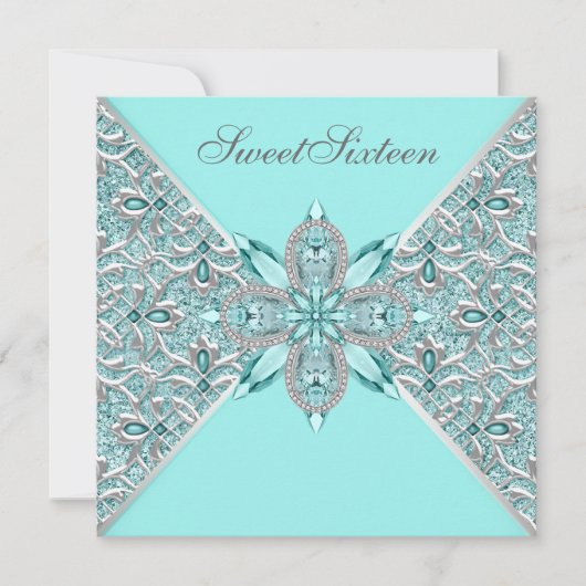 Invitation Turquoise Blue Silver Sweet sixteen fête d'anniver (Devant)