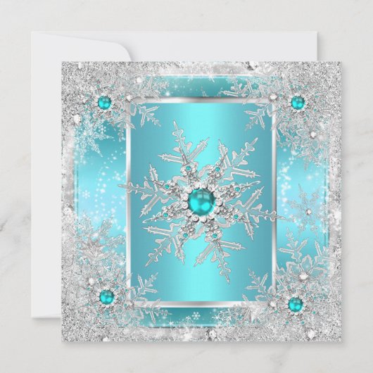 Invitation Turquoise Blue Snowflake Silver Winter Wonderland (Dos)