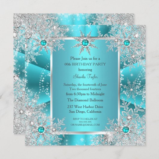 Invitation Turquoise Blue Snowflake Silver Winter Wonderland  (Devant / Derrière)