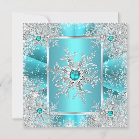 Invitation Turquoise Blue Snowflake Silver Winter Wonderland  (Dos)