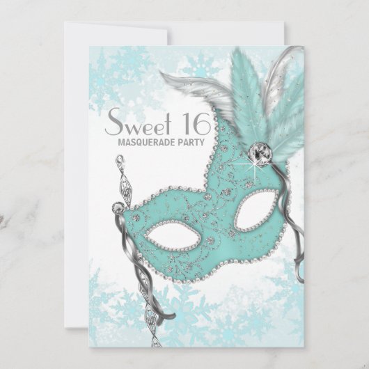 Invitation Turquoise Blue Snowflake Sweet 16 Masquerade Party (Devant)