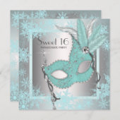 Invitation Turquoise Blue Snowflake Sweet 16 Masquerade Party (Devant / Derrière)
