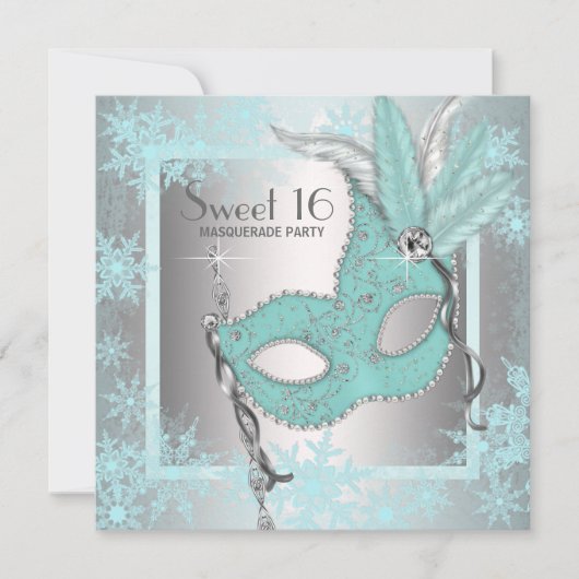 Invitation Turquoise Blue Snowflake Sweet 16 Masquerade Party (Devant)