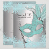 Invitation Turquoise Blue Snowflake Sweet 16 Masquerade Party (Devant / Derrière)