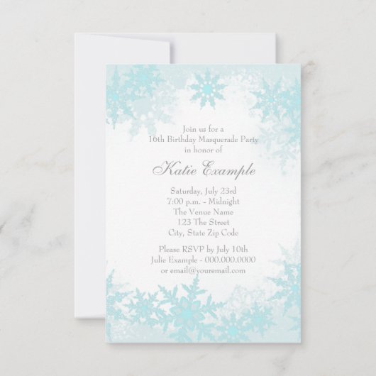 Invitation Turquoise Blue Snowflake Sweet 16 Masquerade Party (Dos)