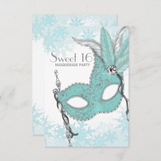 Invitation Turquoise Blue Snowflake Sweet 16 Masquerade Party (Devant / Derrière)