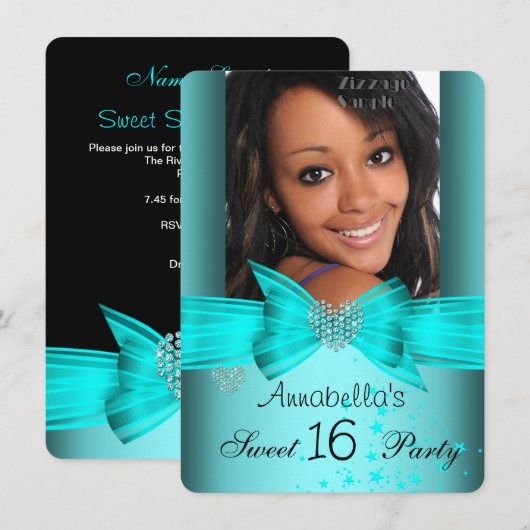 Invitation Turquoise Blue Sweet 16 Anniversaire Party Diamond (Devant / Derrière)
