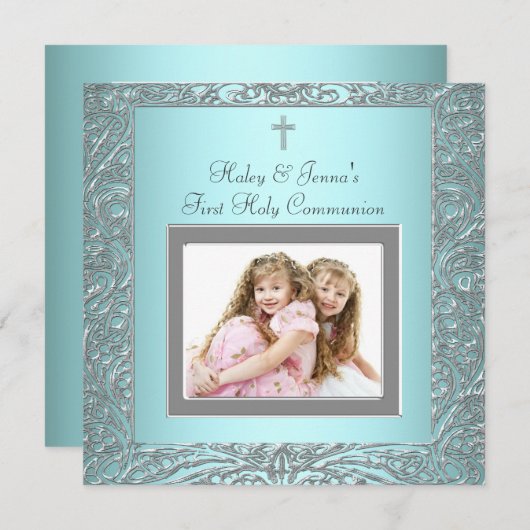 Invitation Turquoise Blue Twins Photo Première communion (Devant / Derrière)