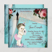 Invitation Turquoise Blue Vintage Paris Baby shower (Devant / Derrière)