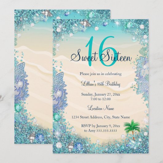 Invitation Turquoise Blue Water Ocean Sand Pearls Sweet 16 Pa (Devant / Derrière)
