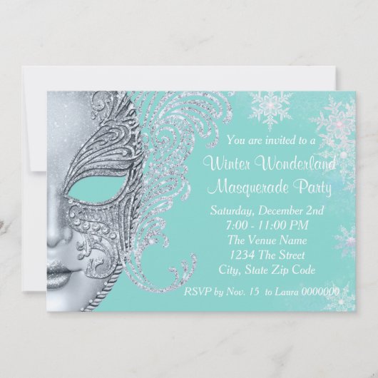 Invitation Turquoise Blue Winter Wonderland Masquerade Party (Devant)